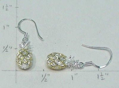 YELLOW GOLD STERLING SILVER 925 HAWAIIAN PINEAPPLE DANGLING HOOK EARRINGS