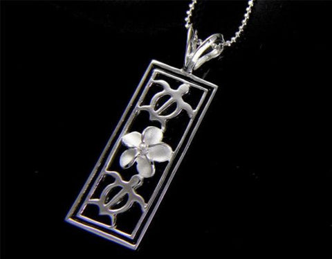 SILVER 925 HAWAIIAN PLUMERIA FLOWER HONU TURTLE BLACK ENAMEL VERTICAL PENDANT CZ