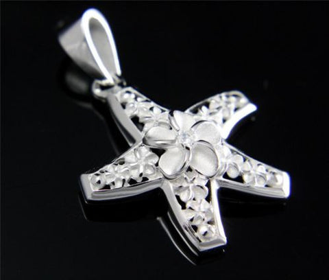 STERLING SILVER 925 HAWAIIAN PLUMERIA FLOWER STARFISH PENDANT CZ