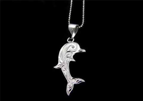 STERLING SILVER 925 HAWAIIAN SCROLL ENGRAVED DOLPHIN PENDANT CZ
