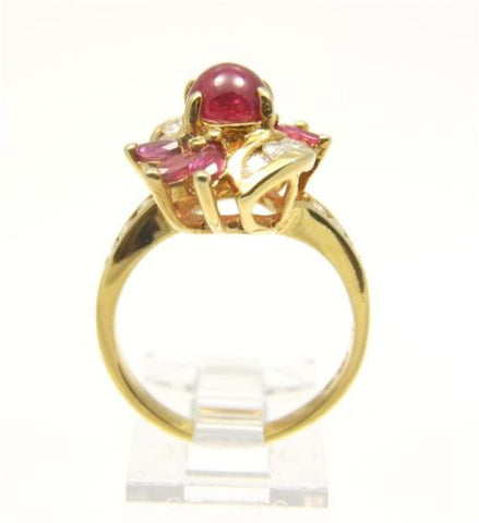 1.72CTW GENIUNE ROUND CABOCHON RUBY & DIAMOND RING SET IN SOLID 18K YELLOW GOLD