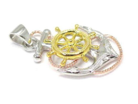 STERLING SILVER 925 TRICOLOR HAWAIIAN SCROLL ANCHOR OF HOPE SHIP WHEEL PENDANT
