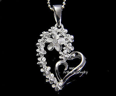 STERLING SILVER 925 13 HAWAIIAN PLUMERIA FLOWER HEART DESIGN PENDANT