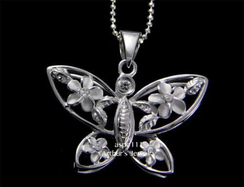 STERLING SILVER 925 HAWAIIAN 4 PLUMERIA FLOWER BUTTERFLY PENDANT CZ