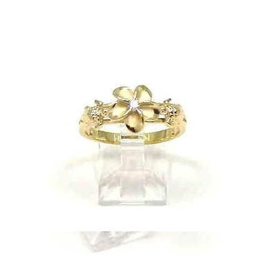 YELLOW GOLD PLATED SILVER 925 HAWAIIAN PLUMERIA FLOWER SEA TURTLE RING CZ