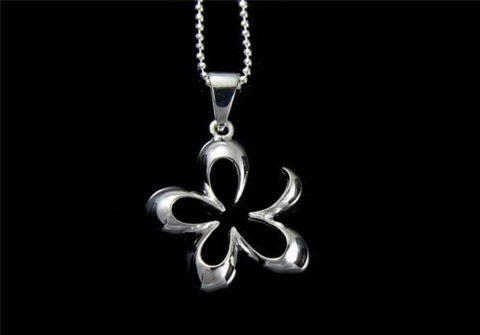 STERLING SILVER 925 SHINY CUT OUT HAWAIIAN PLUMERIA FLOWER OUTLINE PENDANT 19MM