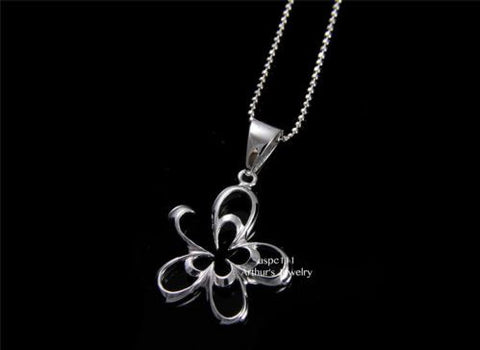 STERLING SILVER 925 SHINY CUT OUT HAWAIIAN PLUMERIA FLOWER OUTLINE PENDANT 20MM