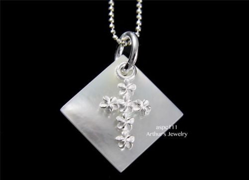 SQUARE MOTHER OF PEARL SHELL SILVER 925 HAWAIIAN MOVABLE PLUMERIA CROSS PENDANT