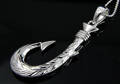 SOLID 925 STERLING SILVER HAWAIIAN SCROLL MAILE 2 SIDED 3D FISH HOOK PENDANT
