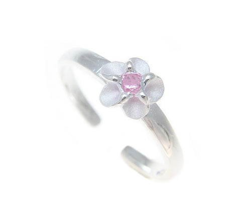 925 Sterling Silver Hawaiian Single Plumeria Flower Pink CZ Open Toe Ring