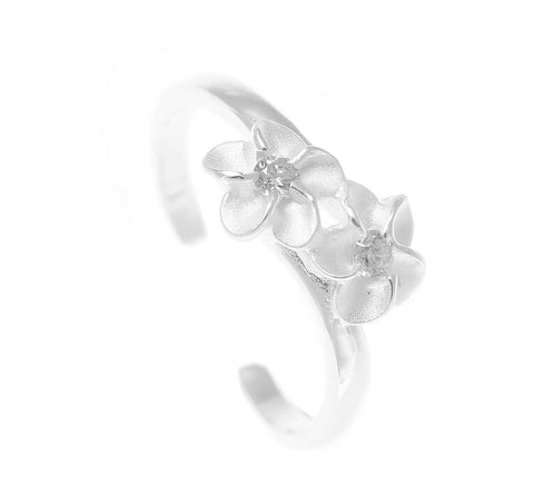 925 Sterling Silver Hawaiian Double Plumeria Flower White CZ Open Toe Ring