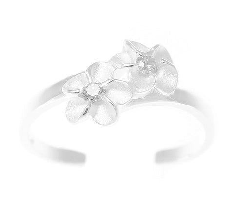 925 Sterling Silver Hawaiian Double Plumeria Flower White CZ Open Toe Ring