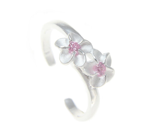 925 Sterling Silver Hawaiian Double Plumeria Flower Pink CZ Open Toe Ring