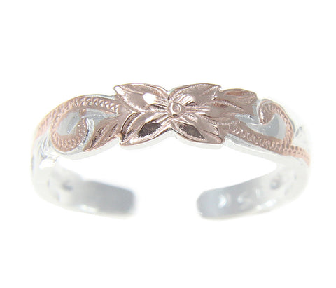 925 Sterling Silver Pink Rose Gold Hawaiian Plumeria Flower Scroll 4mm Toe Ring