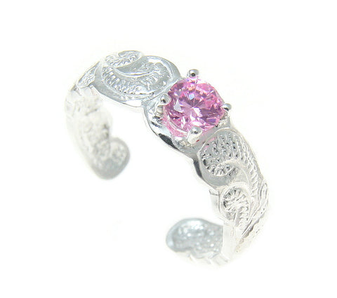 STERLING SILVER 925 HAWAIIAN SCROLL DESIGN CUT OUT TOE RING PINK CZ