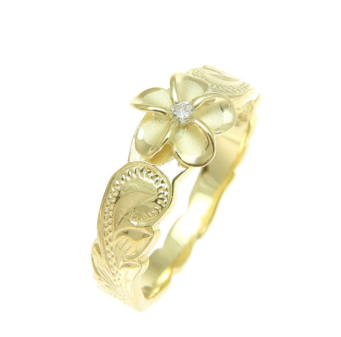 925 Sterling Silver Hawaiian Scroll Yellow Gold CZ Plumeria Flower Ring #1-10