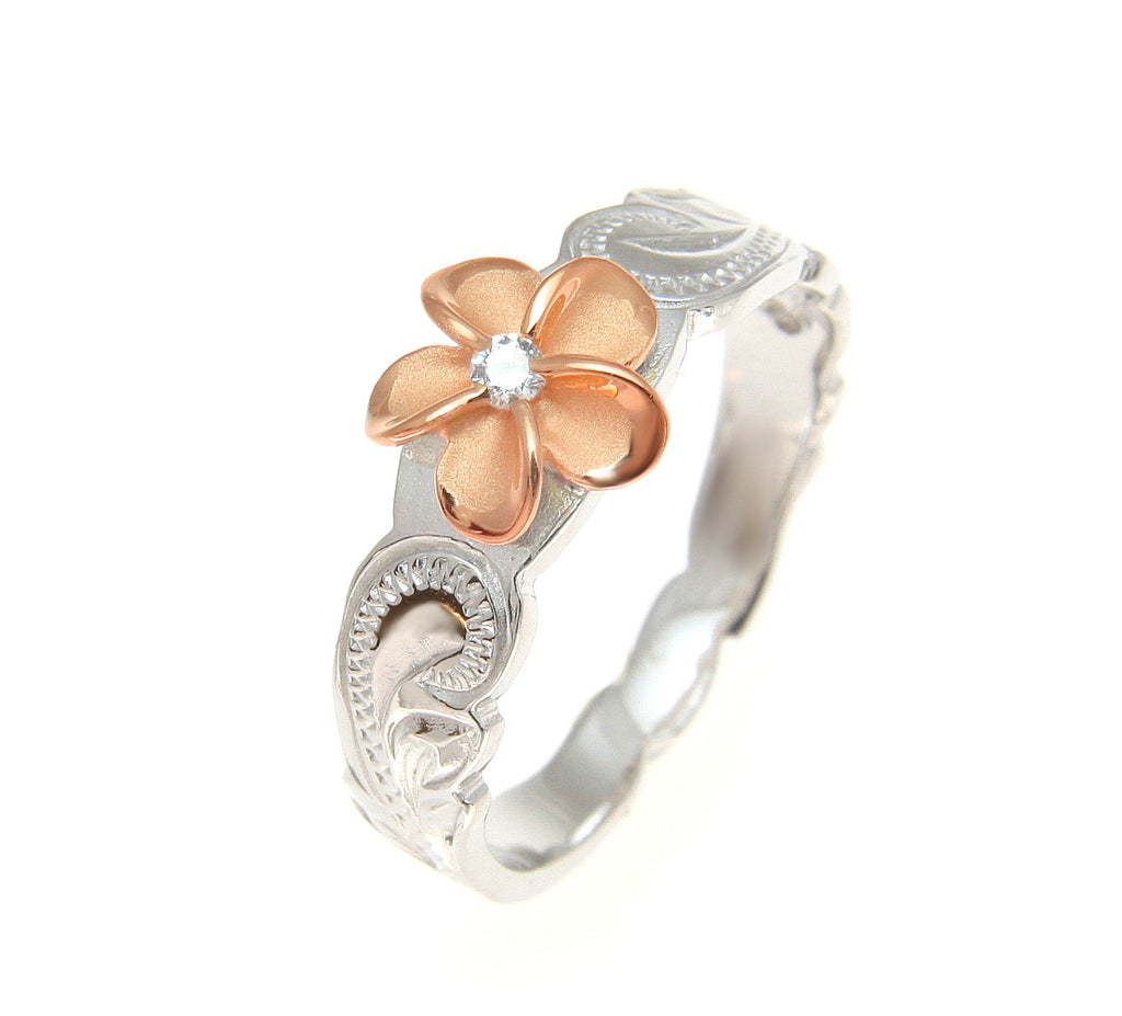 925 Silver Rhodium Hawaiian Scroll Pink Rose Gold CZ Plumeria Flower Ring #1-10