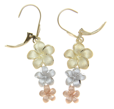 SOLID 14K YELLOW PINK WHITE TRICOLOR GOLD 3 HAWAIIAN PLUMERIA EARRINGS LEVERBACK