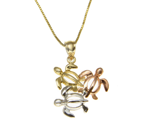 15MM TRICOLOR YELLOW PINK ROSE WHITE GOLD HAWAIIAN SHINY HONU TURTLE PENDENT