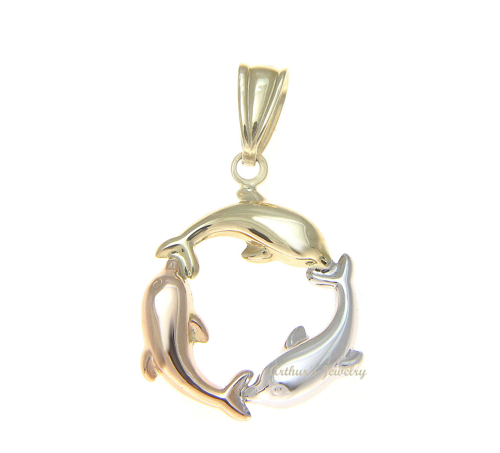 14K TRICOLOR GOLD HIGH POLISH 2 SIDED HAWAIIAN 3D DOLPHIN CIRCLE CHARM PENDANT