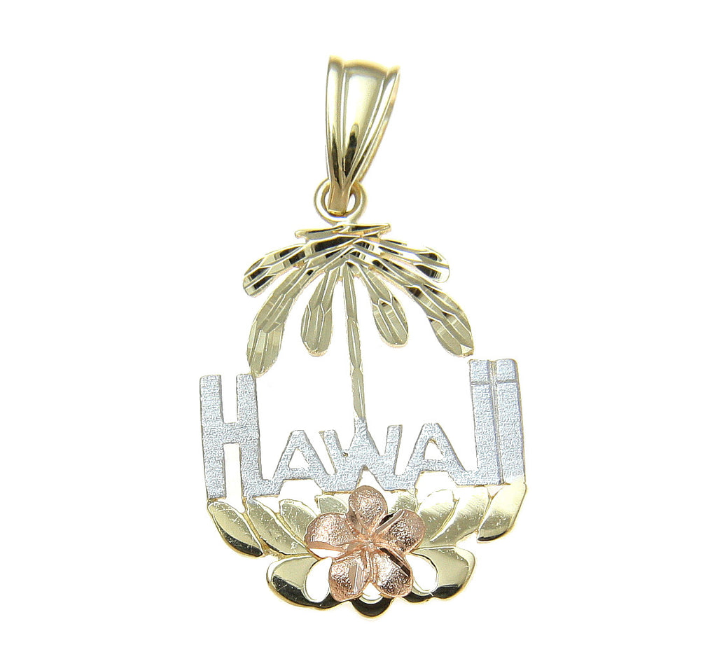 SOLID 14K TRICOLOR GOLD HAWAIIAN PLUMERIA PALM TREE HAWAII PENDANT DIAMOND CUT