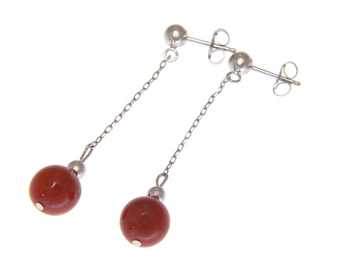 GENUINE NATURAL RED CORAL 7.4MM ROUND BALL DANGLE EARRINGS 14K WHITE GOLD