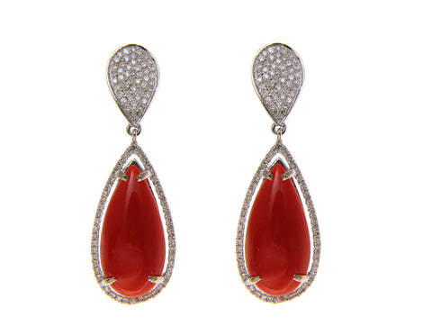 GENUINE NATURAL RED CORAL DIAMOND DROP DANGLE EARRINGS SOLID 14K WHITE GOLD