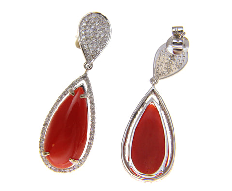 GENUINE NATURAL RED CORAL DIAMOND DROP DANGLE EARRINGS SOLID 14K WHITE GOLD