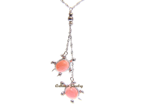 GENUINE PINK CORAL HAWAIIAN SEA TURTLE LARIAT NECKLACE 925 STERLING SILVER 18"