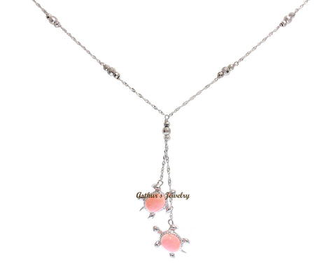 GENUINE PINK CORAL HAWAIIAN SEA TURTLE LARIAT NECKLACE 925 STERLING SILVER 18"