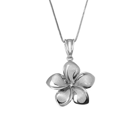 17MM SOLID 14K WHITE GOLD HAWAIIAN FANCY PLUMERIA FLOWER CHARM PENDANT