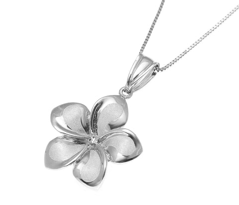 17MM SOLID 14K WHITE GOLD HAWAIIAN FANCY PLUMERIA FLOWER CHARM PENDANT