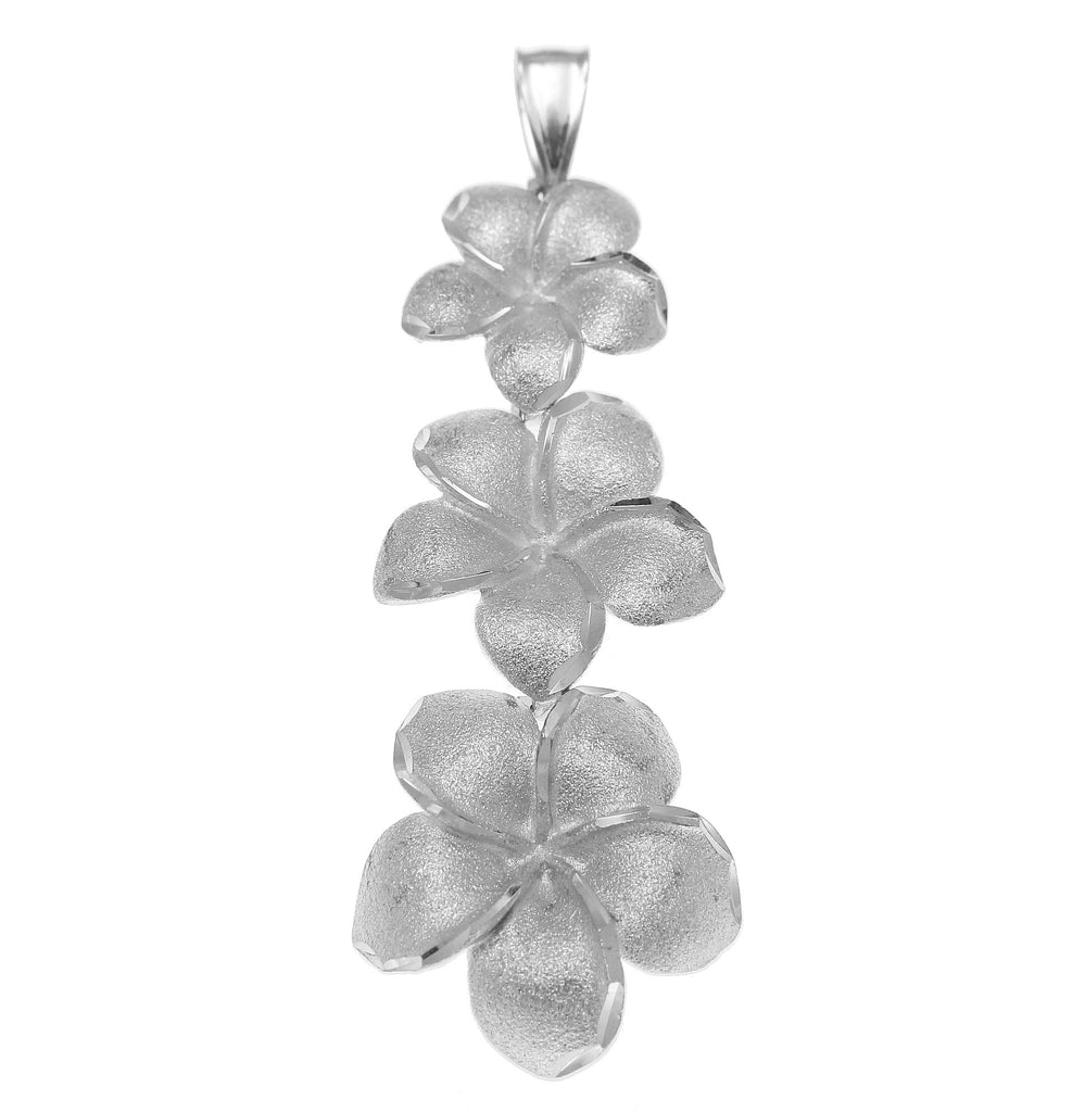 SOLID 14K WHITE GOLD SMALL TO LARGE 3 PLUMERIA FLOWER PENDANT DIAMOND CUT 17MM