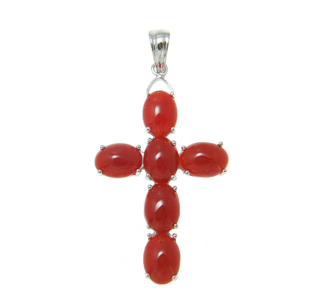 GENUINE NATURAL NOT ENHANCED OVAL RED CORAL PENDANT CROSS 14K WHITE GOLD 19MM