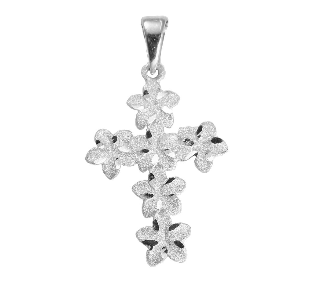 14K SOLID WHITE GOLD HAWAIIAN PLUMERIA FLOWER CROSS PENDANT CHARM