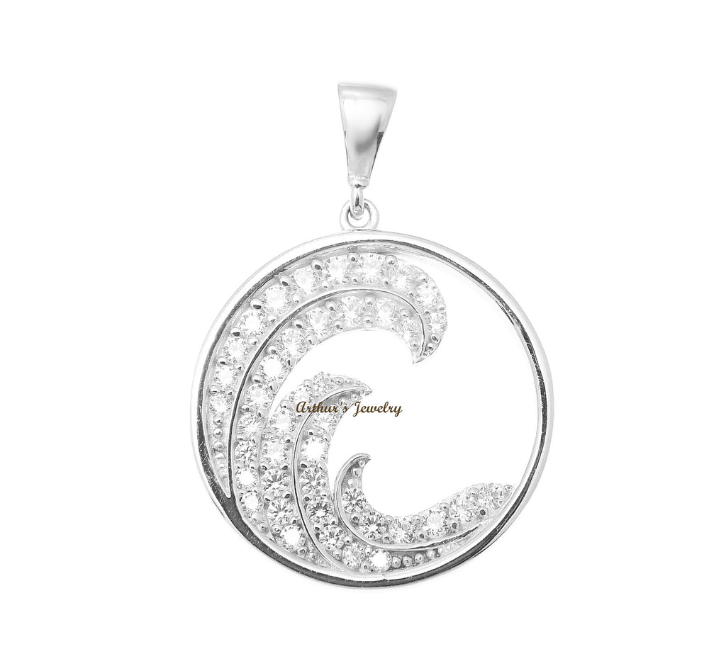 SOLID 14K WHITE GOLD HAWAIIAN OCEAN WAVE CIRCLE CHARM BLING CZ PENDANT 17.40MM