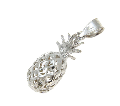 14K SOLID WHITE GOLD 3D HAWAIIAN DIAMOND CUT PINEAPPLE PENDANT 7.5MM