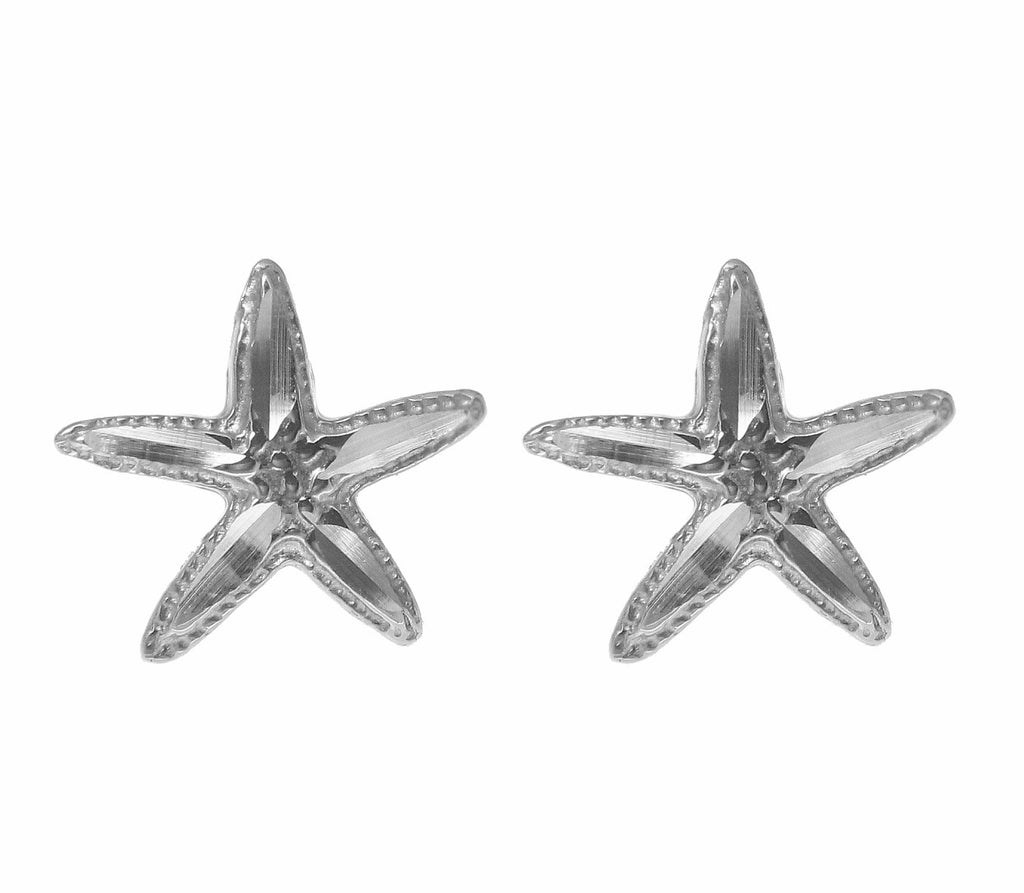 12MM 14K WHITE GOLD HAWAIIAN SEA STAR STARFISH POST STUD EARRINGS DIAMOND CUT