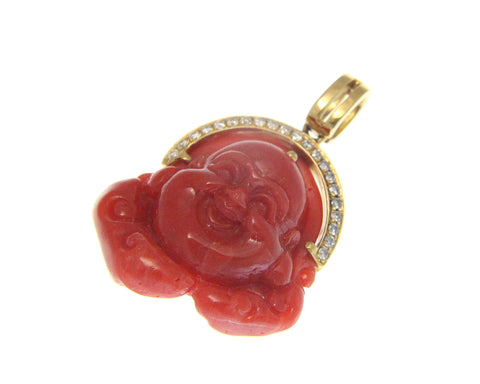 GENUINE NATURAL RED CORAL HAPPY BUDDHA DIAMOND PENDANT SOLID 18K YELLOW GOLD