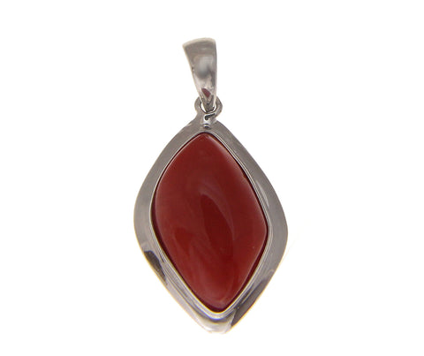 GENUINE NATURAL CABOCHON RED CORAL PENDANT SOLID 14K WHITE GOLD 13MM