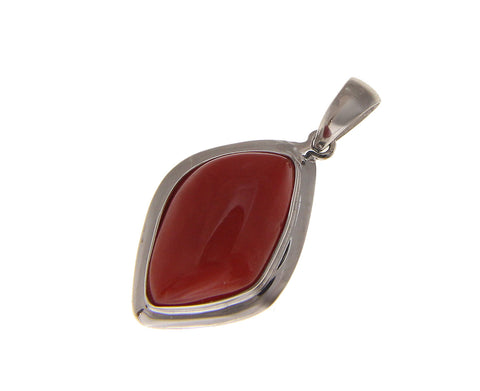 GENUINE NATURAL CABOCHON RED CORAL PENDANT SOLID 14K WHITE GOLD 13MM