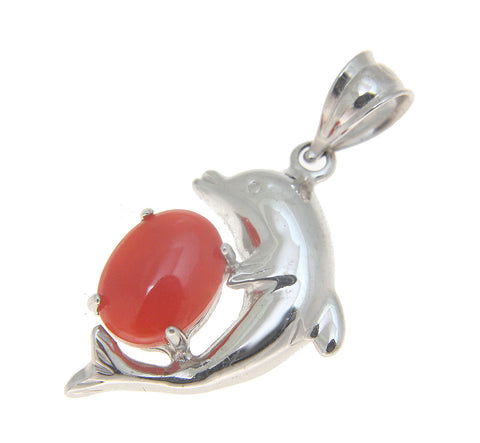GENUINE NATURAL OVAL CABOCHON RED CORAL DOLPHIN PENDANT SOLID 14K WHITE GOLD