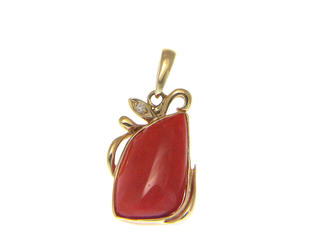 GENUINE NATURAL UNIQUE DEEP PINK CORAL DIAMOND PENDANT SOLID 14K YELLOW GOLD