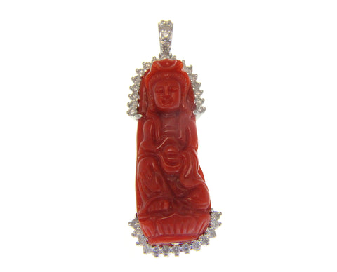 GENUINE NATURAL RED CORAL KWAN YIN DIAMOND PENDANT SOLID 14K WHITE GOLD