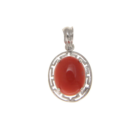 GENUINE NATURAL OVAL CABOCHON DEEP PINK CORAL PENDANT SOLID 14K WHITE GOLD