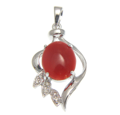 GENUINE NATURAL NOT ENHANCED RED CORAL DIAMOND PENDANT SOLID 14K WHITE GOLD 13MM