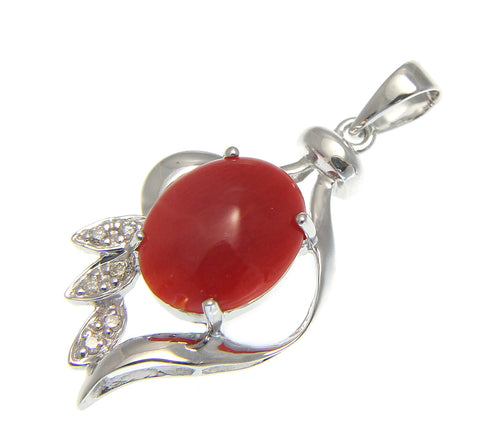 GENUINE NATURAL NOT ENHANCED RED CORAL DIAMOND PENDANT SOLID 14K WHITE GOLD 13MM