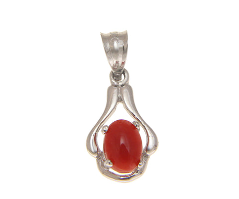 GENUINE NATURAL OVAL CABOCHON RED CORAL PENDANT SOLID 14K WHITE GOLD 9.6MM