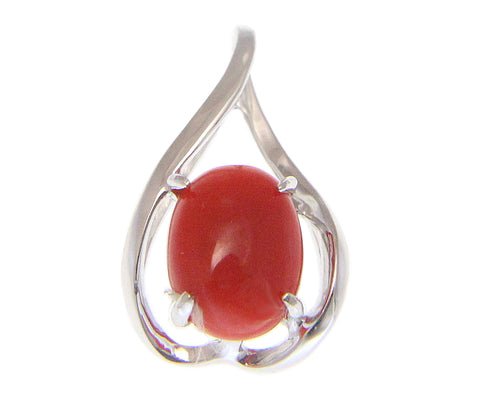GENUINE NATURAL OVAL CABOCHON RED CORAL PENDANT SLIDE SOLID 14K WHITE GOLD
