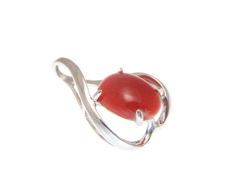 GENUINE NATURAL OVAL CABOCHON RED CORAL PENDANT SLIDE SOLID 14K WHITE GOLD